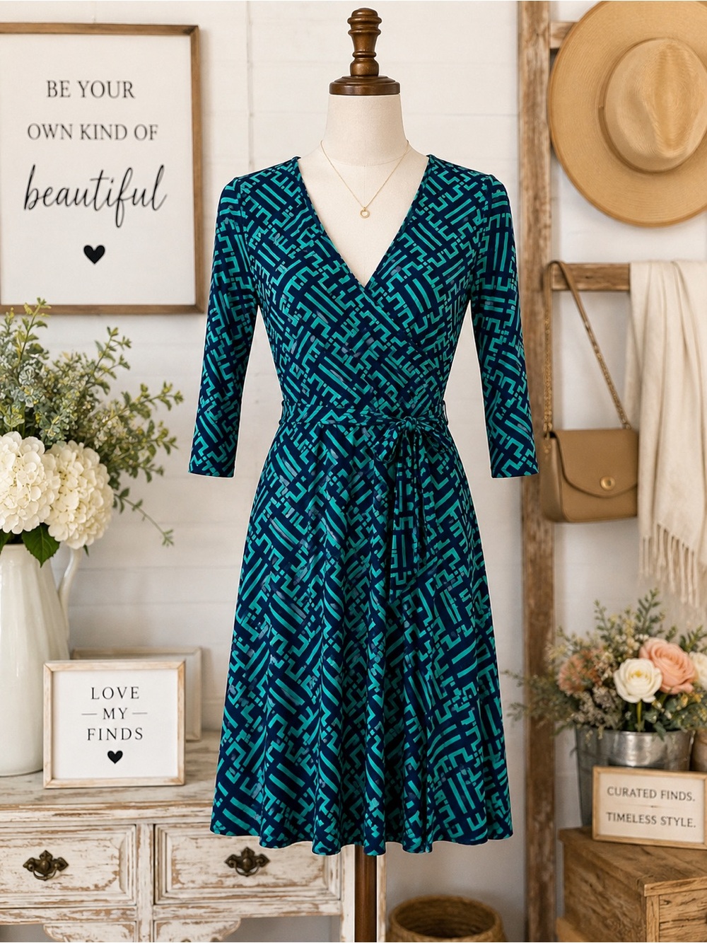 41 Hawthorn Blue Teal Geometric Faux Wrap Dress 3/4 Sleeve Stretch Jersey Small